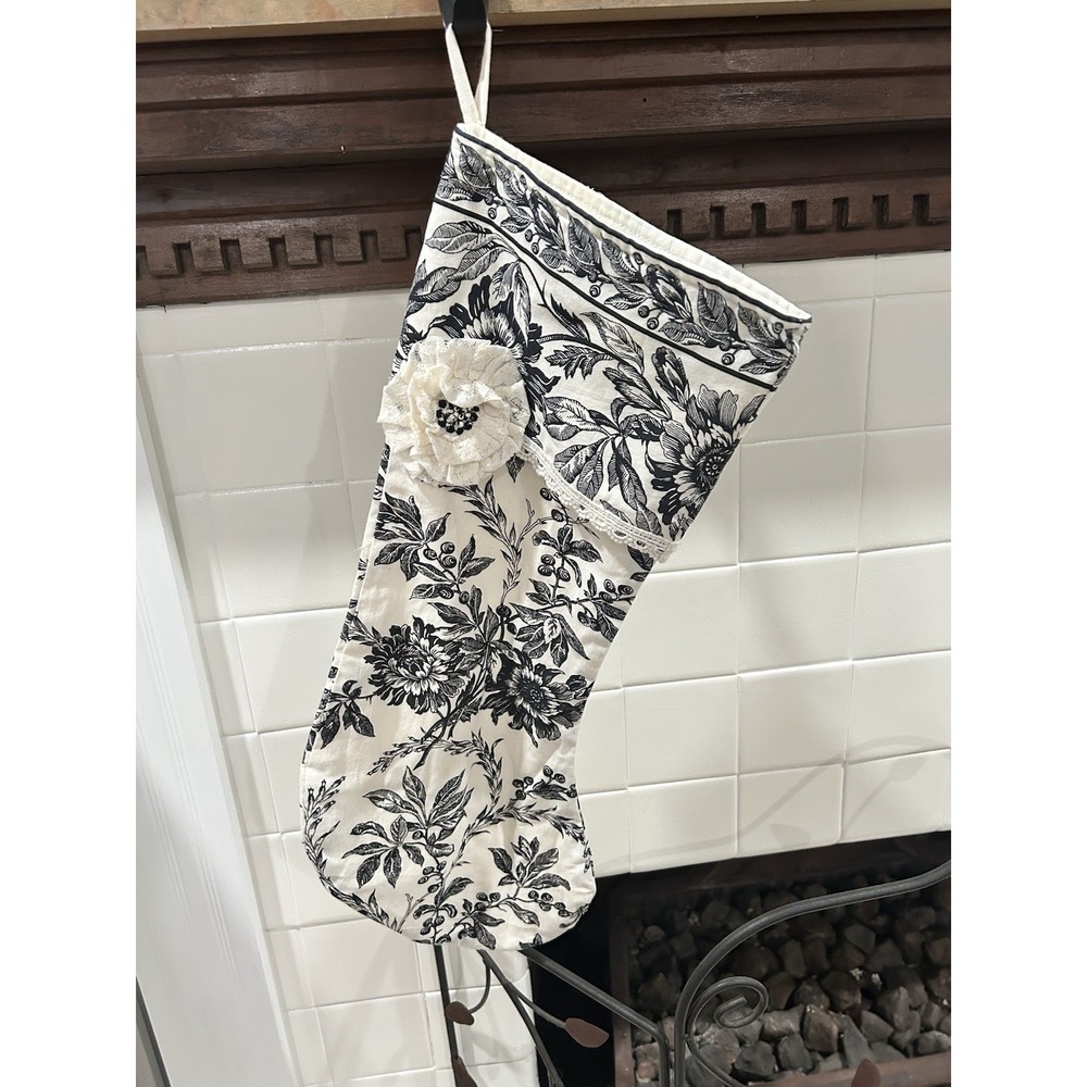 2  April Cornel Felicity Black Toile Floral Christmas Stocking Crochet Flower